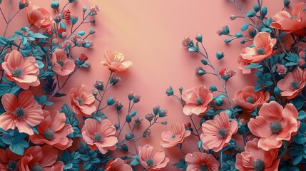 Canvas Print - Pink and Blue Flowers on a Pink Background