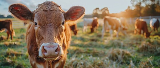 Wall Mural - A Closeup of a Brown Cow in a Field at Sunset