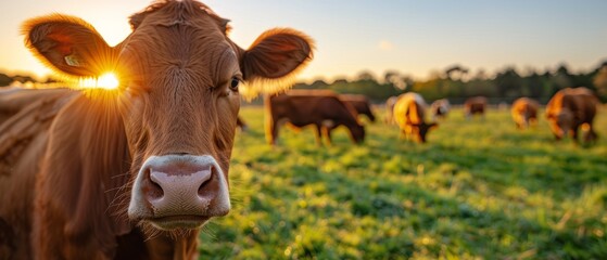 Wall Mural - A Closeup of a Brown Cow in a Field at Sunset