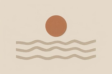 Sticker - Serene digital illustration of abstract lines and a sun on a beige background