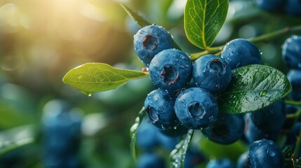 Wall Mural - Close up of ripe blueberries on branches with dew in morning light