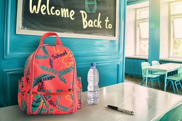 Wall Mural - A vibrant school bag, a classic pen, and a water bottle on a clean desk in a bright classroom, with 