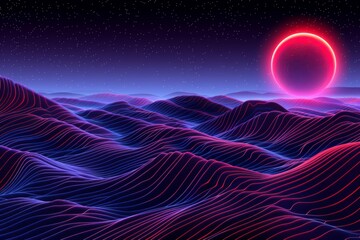 Sticker - Neon pink and purple landscape with a glowing red sun