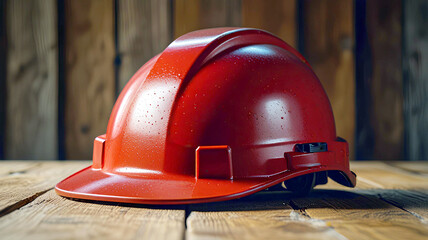 Construction safety concept and safety red helmet on wooden table with wood background. Generative AI

