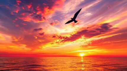 Wall Mural - Inspiring Bird Silhouette Soaring over Vibrant Sunset Ocean