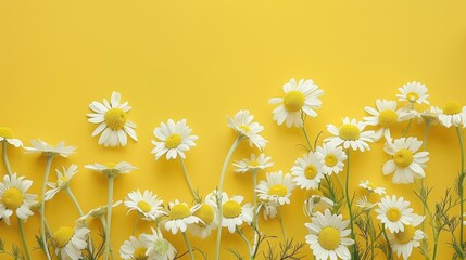 Poster - Chamomile Flowers on Yellow Background Spring and Summer Theme