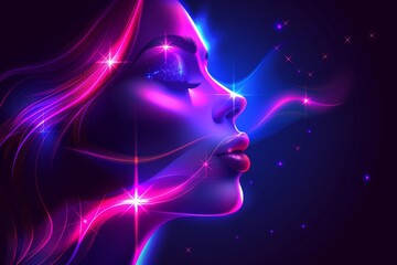 Wall Mural - digital portrait of a womans face with neon purple light trails