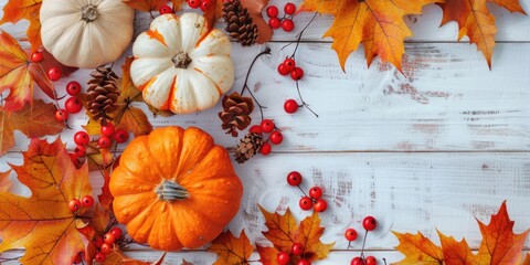 Poster - A variety of pumpkins arranged on a wooden table