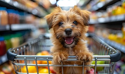 Cute funny dog in grocery store shopping in supermarket. puppy dog sitting in a shopping cart on blurred shop mall background. Concept for animal pets, Generative AI