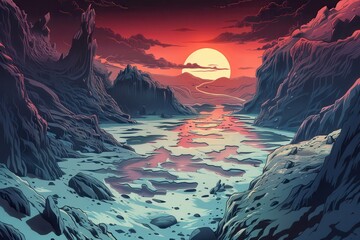 Wall Mural - Futuristic Canyon Landscape with Sunset Over Frozen Lake