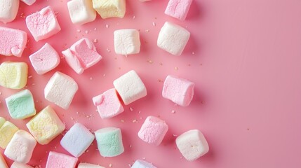 Sticker - Bulk fruit marshmallows on pink background with space for copy close up of chewy candy