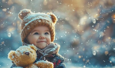 Christmas and new year card with happy child in magical winter snow fall miracle with his teddy bear. Cute baby boy is on magical winter background with christmas landscape and falling, Generative AI