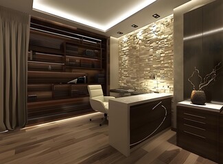 Wall Mural - Modern Home Office Interior Design With White Desk And Brown Wooden Shelves