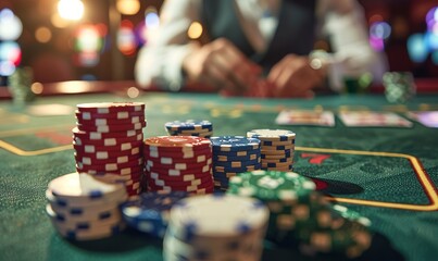 casino, gambling, poker, people and entertainment concept close up of poker player with playing cards and chips at green casino table in casino, Generative AI