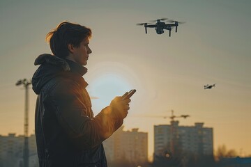 Man operating a drone with remote control. silhouette. Young man piloting a drone in flight with remote controller. Concepts of drone pilot and aerial, Generative AI