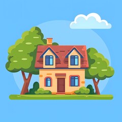 Wall Mural - Cute Cartoon Style Yellow House With Red Roof