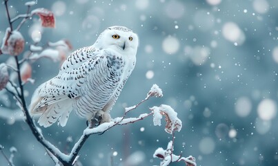 White winter owl perched on a tree branch in a winter snow landscape, beautiful wildlife winter wonderland with copy space snow bird, Generative AI