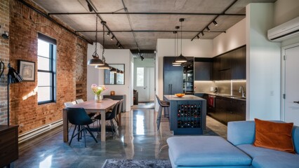 Wall Mural - A kitchen and living room with a dining table in the middle, AI