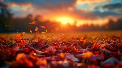 Wall Mural - Colorful autumn leaves in a field at sunset