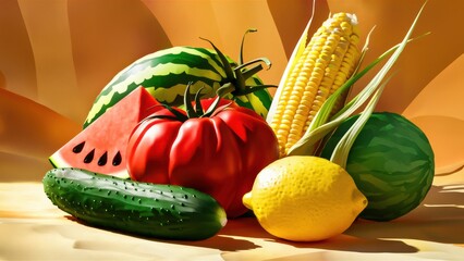 Canvas Print - A close up of a variety of fruits and vegetables on top of each other, AI