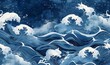 © Rising Monk - Sea waves pattern background. Waves pattern. Classic japanese waves in modern design,Blue and white lines. Element for design. Storm ocean. posters and, Generative AI