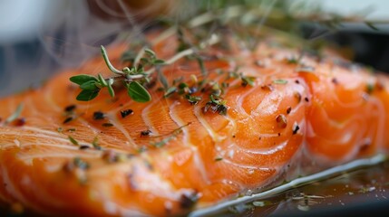 Wall Mural - Cooking pricey red salmon with herbs in a modern kitchen