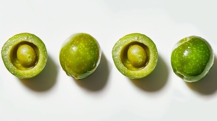 Wall Mural - Green olive slices arranged on a white surface