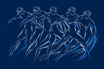 Wall Mural - abstract line art of human figures on a dark blue background symbolizing movement and fluidity