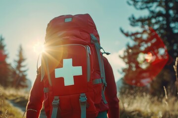 Wall Mural - Hiker With Red Backpack Trekking Through Lush Mountain Trail During Golden Hour