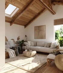 Wall Mural - Modern Living Room with Wooden Beams and Skylight