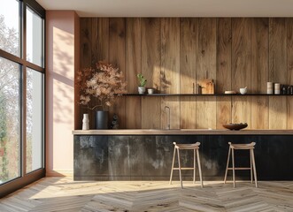 Kitchen With Large Potted Plant Next to Sink