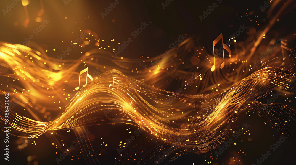 A vector illustration of golden music notes with flowing lines in rich ...