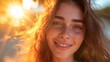 © Vladan - A joyful young woman with freckles smiles softly as sunlight beams around her, capturing a moment of warmth and happiness in a serene outdoor setting.