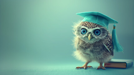 Wall Mural - Cute and funny baby owl with blue eyes in turquoise graduation cap with a book, against light green background with empty space