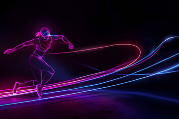 Wall Mural - Neon silhouette of a person overcoming obstacles isotated on black background.