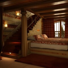 Wall Mural - Rustic Bedroom Interior Design With Wooden Stairs And Red Curtains