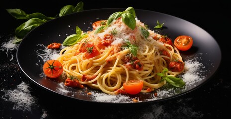 Wall Mural - Simple Spaghetti With Cherry Tomatoes and Basil on Black Plate