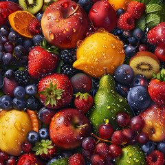 background, fresh wet fruit, flat lay perspective
