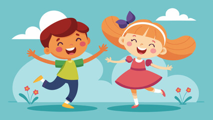  Happy cute kids boy and girl dance together, vector arts illustration 