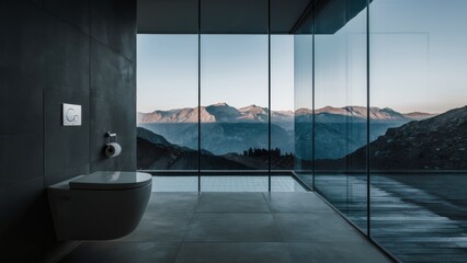 Sticker - A bathroom with a large window overlooking the mountains and snow, AI