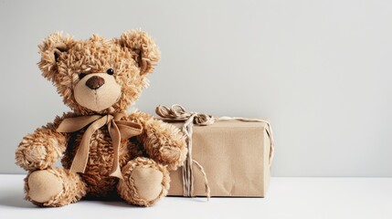 Poster - Vintage handmade teddy bear beside a gift box on white background Ideal holiday present Focus on bear Close up Plenty of space for text