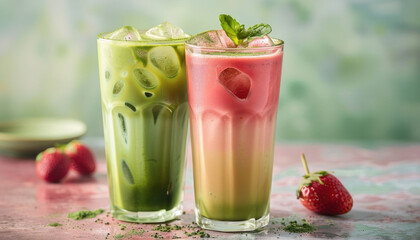 On the table, you can find two drinks one green and one pink, among other food items