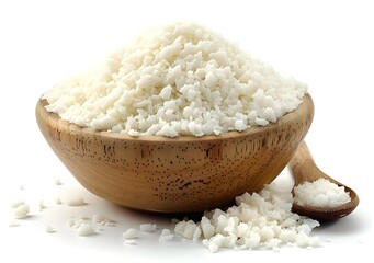 A wooden bowl filled with desiccated coconut.