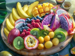 Wall Mural - A fruit platter with a variety of fruits including bananas, kiwi, raspberries, and oranges