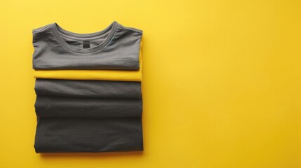 Wall Mural - Monochrome T Shirts Stack on Yellow Background Top View