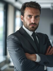 Wall Mural - A man in a suit and tie is standing in front of a window, looking at the camera. He is confident and professional, with a serious expression on his face. The suit and tie give off a polished