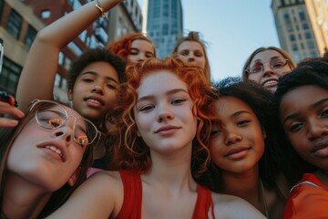 Wall Mural - A group of young women are posing for a picture, with one girl wearing a red tank top. Concept of camaraderie and friendship among the group