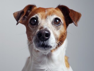 Wall Mural - A dog with brown and white fur is looking at the camera. The dog's eyes are large and expressive, and its nose is black. The dog appears to be a mix of breeds, with a brown and white coat