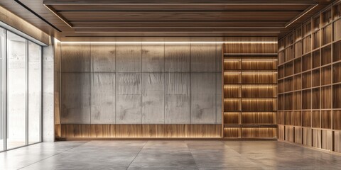 Wall Mural - A large empty room with a wooden bookshelf and a window. The room is empty and has a modern, minimalist feel