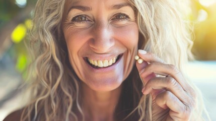 Wall Mural - A woman with blonde hair is smiling and holding a pill in her hand. Concept of happiness and positivity, as the woman is enjoying her time and taking care of her health